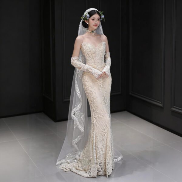 French strapless mermaid wedding dress with vintage lace, heavy embroidery and vintage long veil