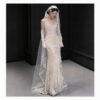 French strapless mermaid wedding dress with vintage lace, heavy embroidery and vintage long veil