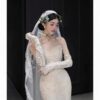 French strapless mermaid wedding dress with vintage lace, heavy embroidery and vintage long veil