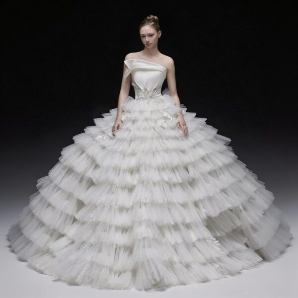 Luxury Tiered Tulle Ball Gown Wedding Dress | Satin Bodice, Dramatic Train, Elegant Slimming Bridal Gown