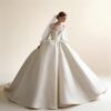 Luxury Off-the-Shoulder Long Sleeve Satin Ball Gown Wedding Dress with Crystal Embellishment, Elegant Bridal Gown
