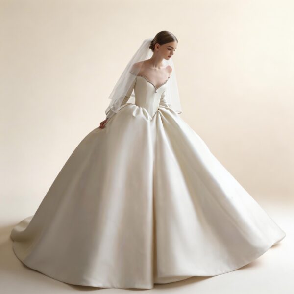 Luxury Off-the-Shoulder Long Sleeve Satin Ball Gown Wedding Dress with Crystal Embellishment, Elegant Bridal Gown