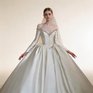 Luxury Off-the-Shoulder Long Sleeve Satin Ball Gown Wedding Dress with Crystal Embellishment, Elegant Bridal Gown