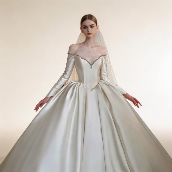 Luxury Off-the-Shoulder Long Sleeve Satin Ball Gown Wedding Dress with Crystal Embellishment, Elegant Bridal Gown