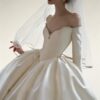 Luxury Off-the-Shoulder Long Sleeve Satin Ball Gown Wedding Dress with Crystal Embellishment, Elegant Bridal Gown