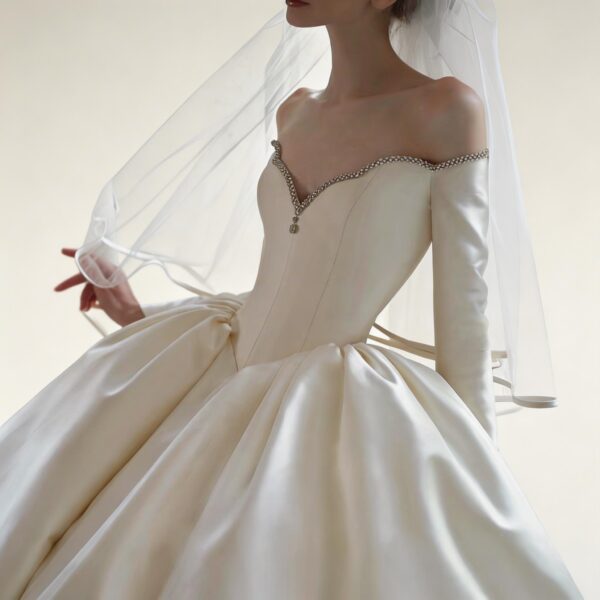 Luxury Off-the-Shoulder Long Sleeve Satin Ball Gown Wedding Dress with Crystal Embellishment, Elegant Bridal Gown