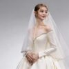 Luxury Off-the-Shoulder Long Sleeve Satin Ball Gown Wedding Dress with Crystal Embellishment, Elegant Bridal Gown