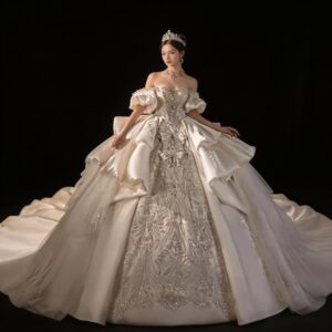 Luxury Off-the-Shoulder Heavy Beaded Ball Gown Wedding Dress with Dramatic Long Train, Elegant Bridal Gown