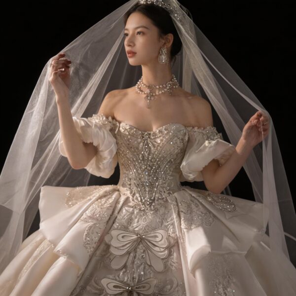 Luxury Off-the-Shoulder Heavy Beaded Ball Gown Wedding Dress with Dramatic Long Train, Elegant Bridal Gown