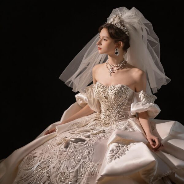 Luxury Off-the-Shoulder Heavy Beaded Ball Gown Wedding Dress with Dramatic Long Train, Elegant Bridal Gown