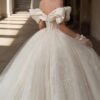 Vintage Off-the-Shoulder Tulle Ball Gown Wedding Dress with Oversized Bow & Dramatic Long Train, Romantic Bridal Gown