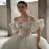 Vintage Off-the-Shoulder Tulle Ball Gown Wedding Dress with Oversized Bow & Dramatic Long Train, Romantic Bridal Gown