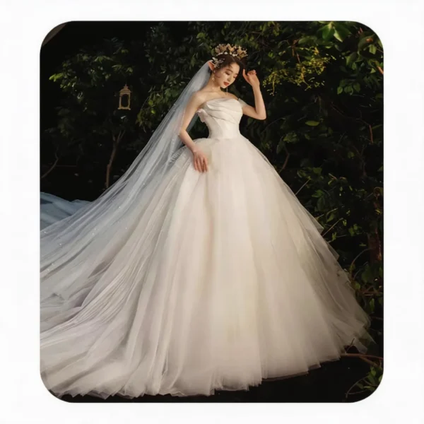 Elegant Off-the-Shoulder Ball Gown Wedding Dress with Cathedral Train & Tulle Veil