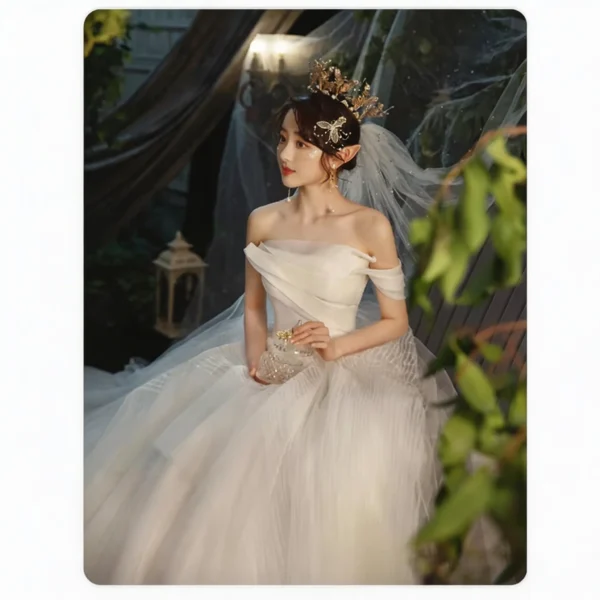 Elegant Off-the-Shoulder Ball Gown Wedding Dress with Cathedral Train & Tulle Veil