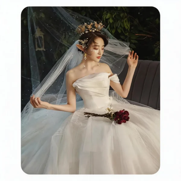 Elegant Off-the-Shoulder Ball Gown Wedding Dress with Cathedral Train & Tulle Veil