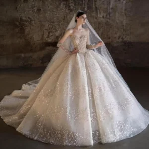Luxury Sparkle Tulle Ball Gown Wedding Dress with Extra Long Cathedral Train
