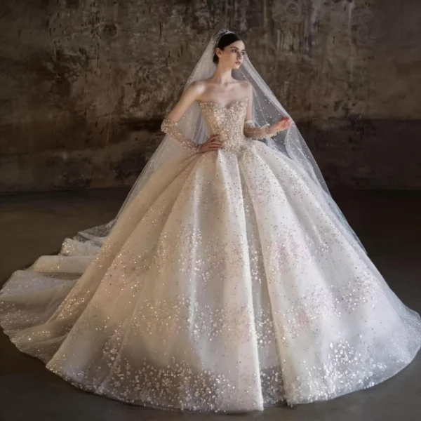 Luxury Sparkle Tulle Ball Gown Wedding Dress with Extra Long Cathedral Train