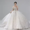 Off-the-Shoulder Beaded Ball Gown Wedding Dress with Long Train