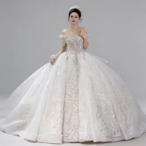 Off-the-Shoulder Beaded Ball Gown Wedding Dress with Long Train