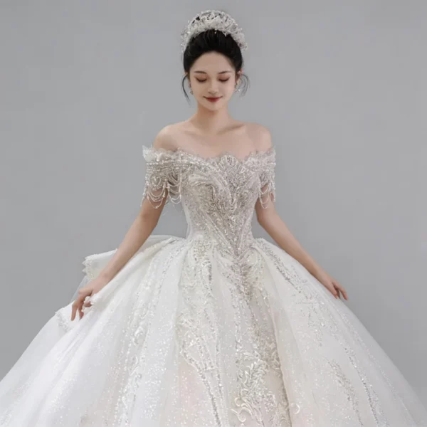 Off-the-Shoulder Beaded Ball Gown Wedding Dress with Long Train