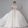 Off-the-Shoulder Beaded Ball Gown Wedding Dress with Long Train