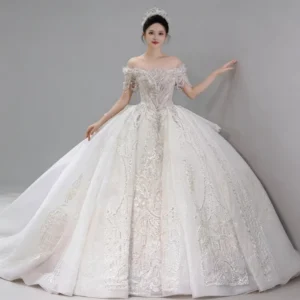 Off-the-Shoulder Beaded Ball Gown Wedding Dress with Long Train