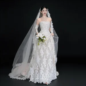 Strapless Lace A-Line Wedding Dress with Chapel Train