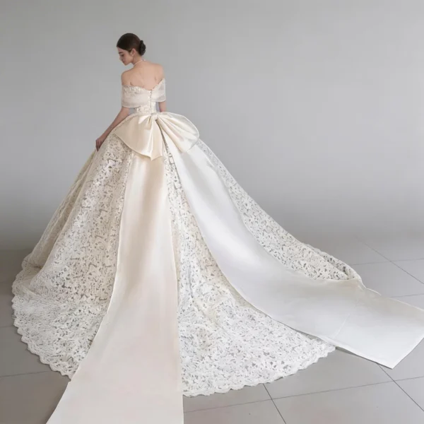 Off-the-Shoulder Lace Ball Gown Wedding Dress