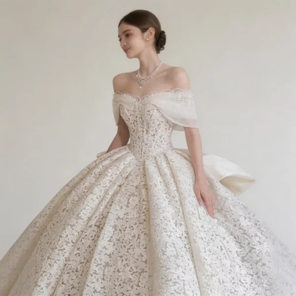 Off-the-Shoulder Lace Ball Gown Wedding Dress