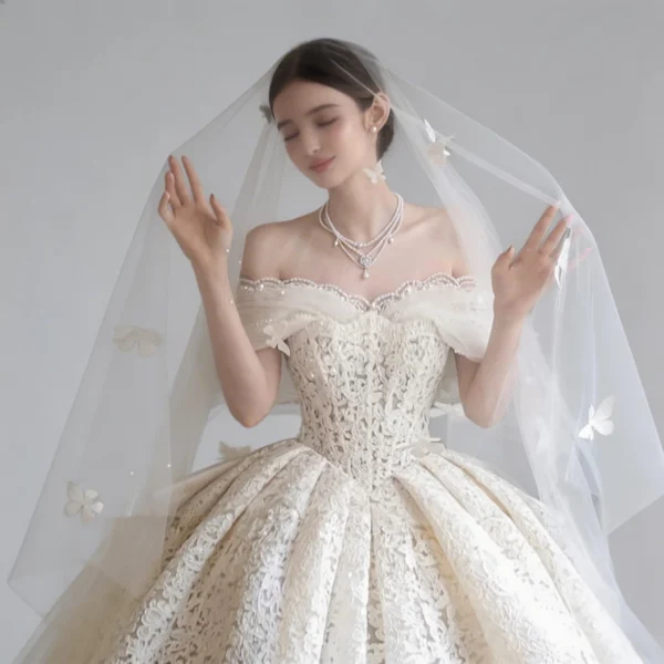Off-the-Shoulder Lace Ball Gown Wedding Dress