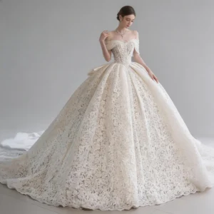 Off-the-Shoulder Lace Ball Gown Wedding Dress