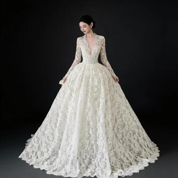 Long Sleeve Lace Ball Gown Wedding Dress with Cathedral Train