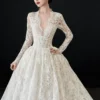 Long Sleeve Lace Ball Gown Wedding Dress with Cathedral Train