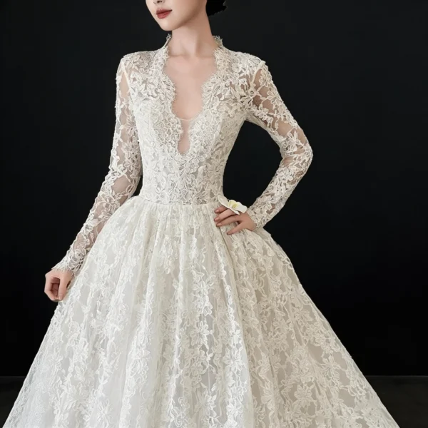 Long Sleeve Lace Ball Gown Wedding Dress with Cathedral Train