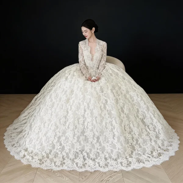 Long Sleeve Lace Ball Gown Wedding Dress with Cathedral Train