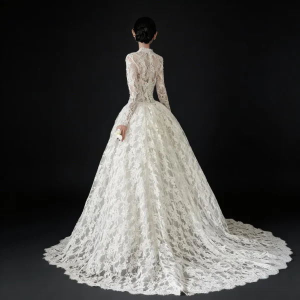 Long Sleeve Lace Ball Gown Wedding Dress with Cathedral Train