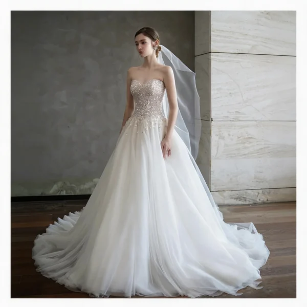 Sweetheart Beaded Ball Gown Wedding Dress with Tulle Train