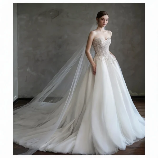 Sweetheart Beaded Ball Gown Wedding Dress with Tulle Train