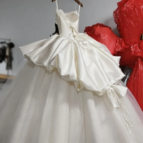 Classic Satin Ball Gown Wedding Dress with Sweetheart Neck & Detachable Bow