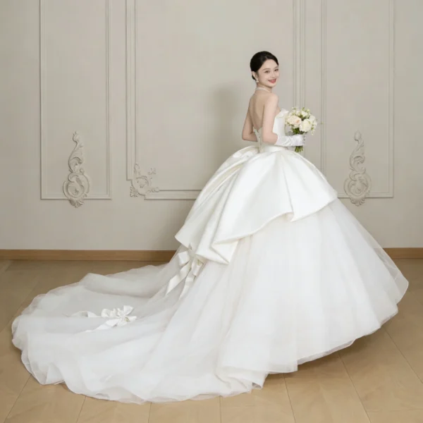 Classic Satin Ball Gown Wedding Dress with Sweetheart Neck & Detachable Bow