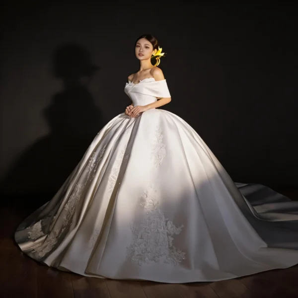 Classic Off-the-Shoulder Satin Wedding Dress with Voluminous Skirt & Lace Details