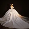 Classic Off-the-Shoulder Satin Wedding Dress with Voluminous Skirt & Lace Details