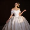Classic Off-the-Shoulder Satin Wedding Dress with Voluminous Skirt & Lace Details