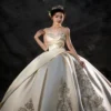 Classic Strapless Satin Wedding Dress with Voluminous Skirt & Lace Details