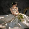 Classic Strapless Satin Wedding Dress with Voluminous Skirt & Lace Details