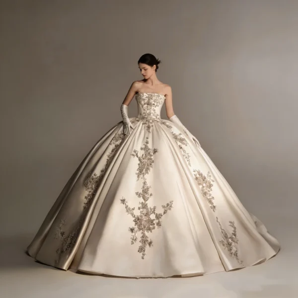 Classic Strapless Satin Wedding Dress with Voluminous Skirt & Lace Details