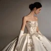 Classic Strapless Satin Wedding Dress with Voluminous Skirt & Lace Details