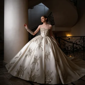 Classic Strapless Satin Wedding Dress with Voluminous Skirt & Lace Details
