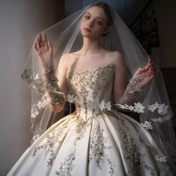 Classic Strapless Satin Wedding Dress with Voluminous Skirt & Lace Details