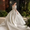 Timeless Satin Ball Gown Wedding Dress with Short Sleeves & Bow Accent